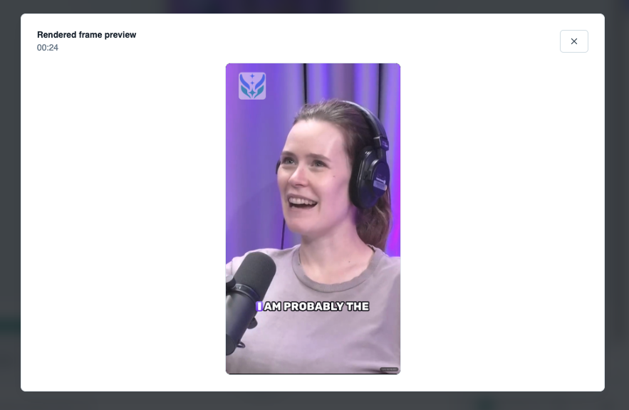 Rendered frame preview showing vertical crop, logo overlay, and burned-in captions.