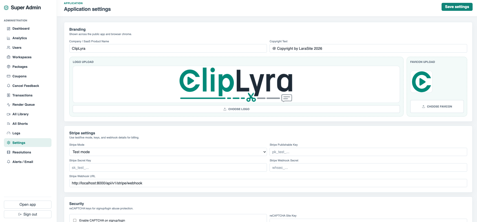 Application settings for branding, Stripe, webhooks, security, and product controls.