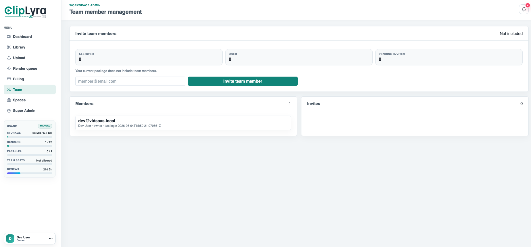 Workspace team management with invite counts, member list, and package seat limits.