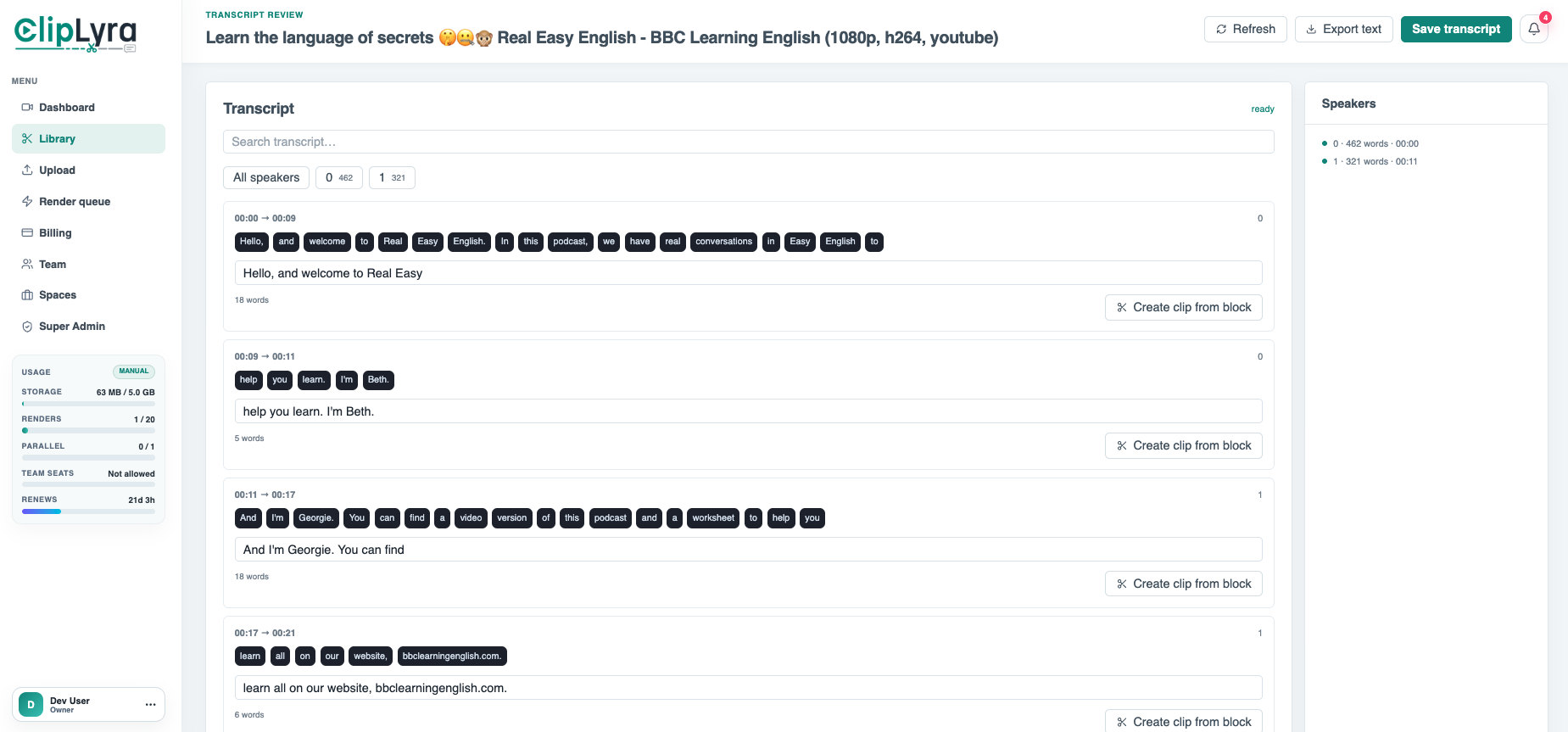 Transcript Review & Short Selection screenshot