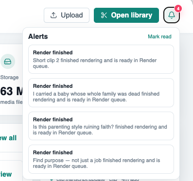 User notification popover showing completed render alerts.