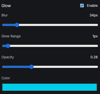 Glow controls for blur, range, opacity, and color.