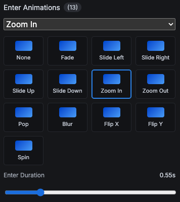 Entry animation presets with duration controls.