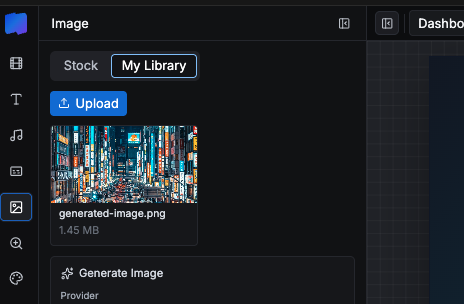 My Library tab showing uploaded/generated image assets ready for timeline use.